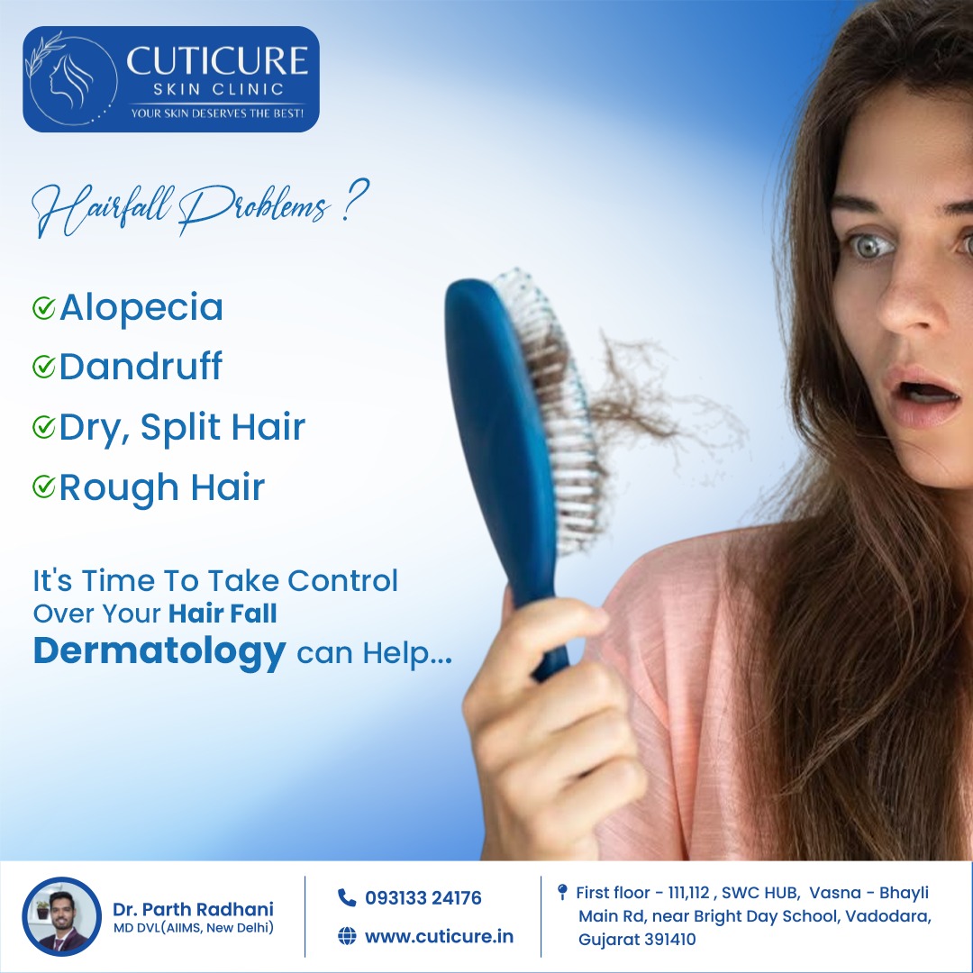 Dr. Parth Radhani providing hairfall and dandruff treatment at Cuticure Skin Clinic Vadodara near Vasna-Bhayli Main Road